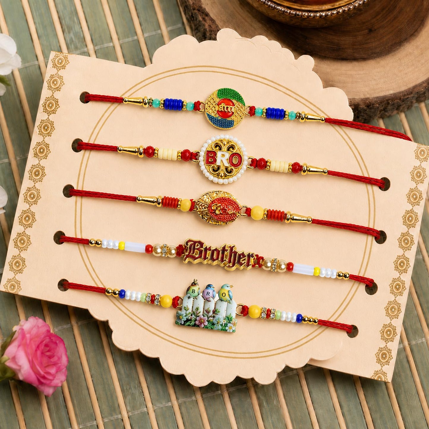 Handcrafted Splendid Rakhi for Brother with Roli Tikka & Greeting Card, Pack of 8