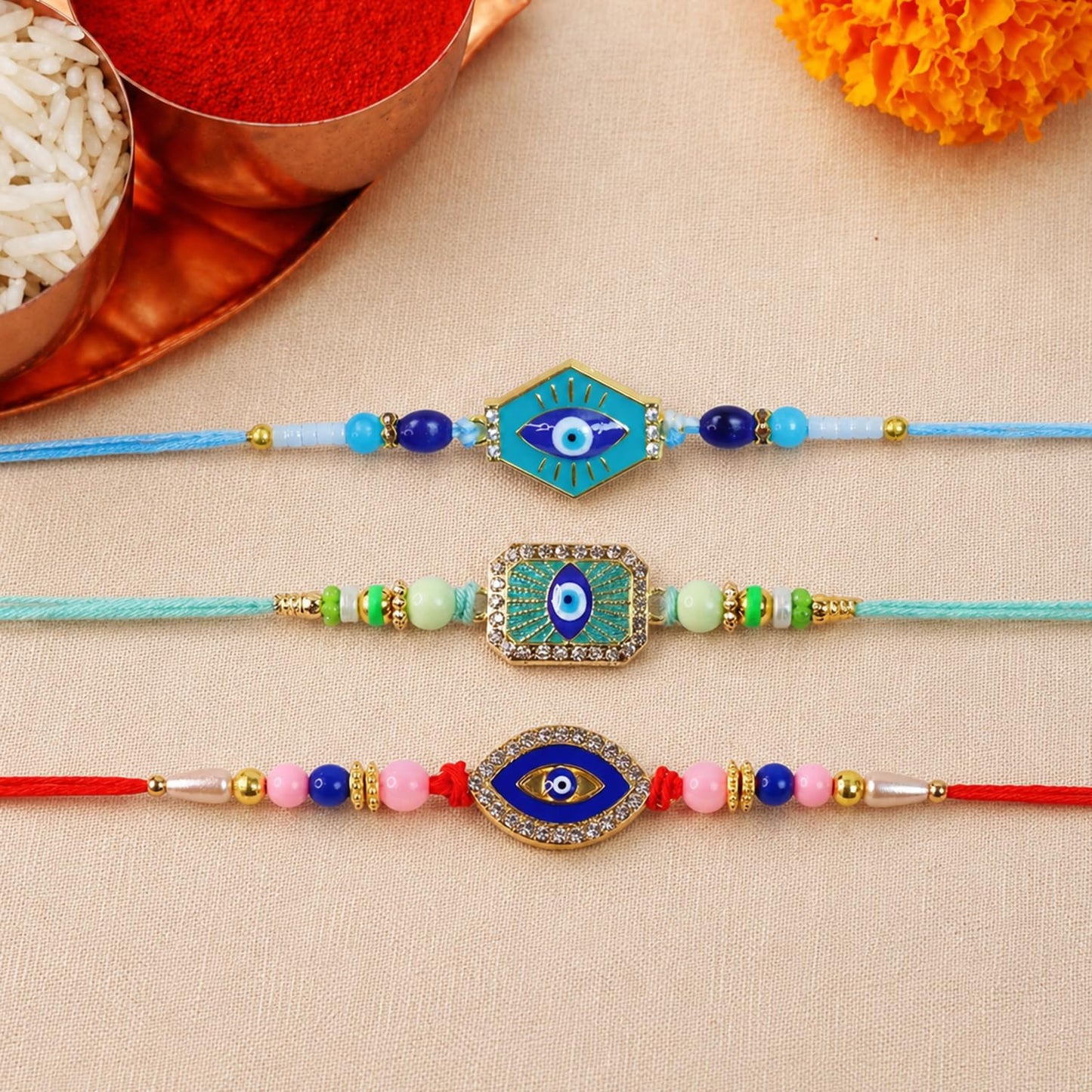 Designer Auspicious Multicolor Evil Rakhi for Brother with Roli Tikka, Pack of 6