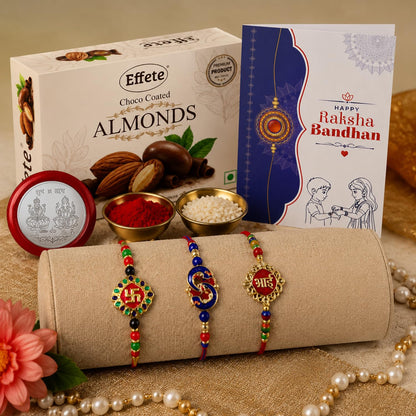 Rakhi with Chocolate for Brother (Set of 7), Raksha Bandhan Festival Celebration Pack with Swasik, Bhai & Peacock Shape