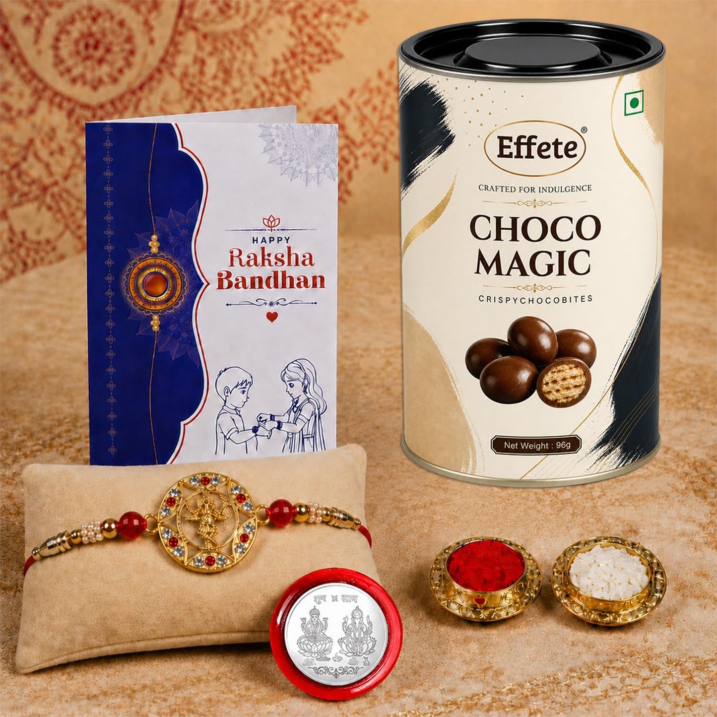 Standing Ganesha Rakhi for Brother with Choco Magic 96gm, Coin & Card, Pack of 5
