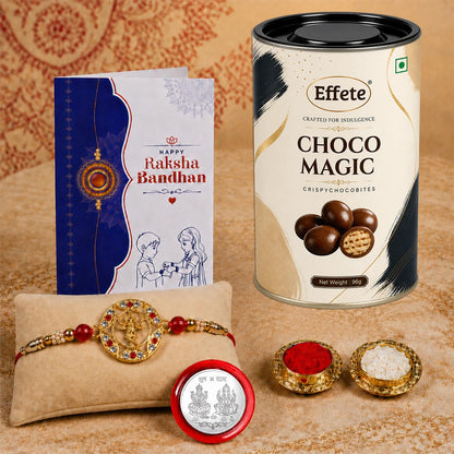 Standing Ganesha Rakhi for Brother with Choco Magic 96gm, Coin & Card, Pack of 5