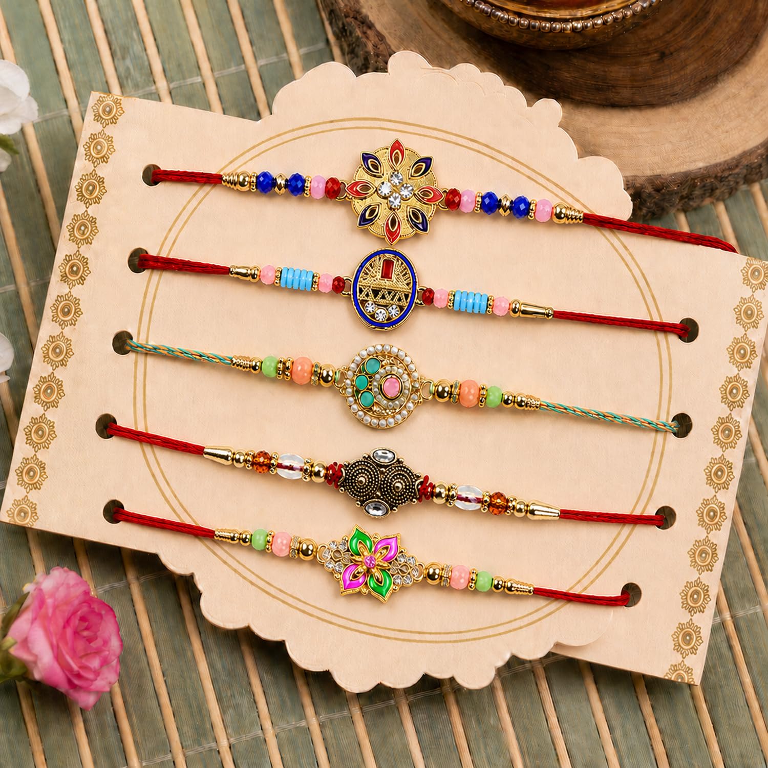 Handcrafted Auspicious Rakhi for Brother with Roli Tikka & Card, Pack of 8