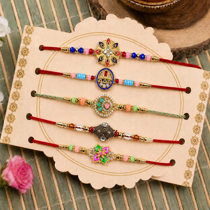 Handcrafted Auspicious Rakhi for Brother with Roli Tikka & Card, Pack of 8