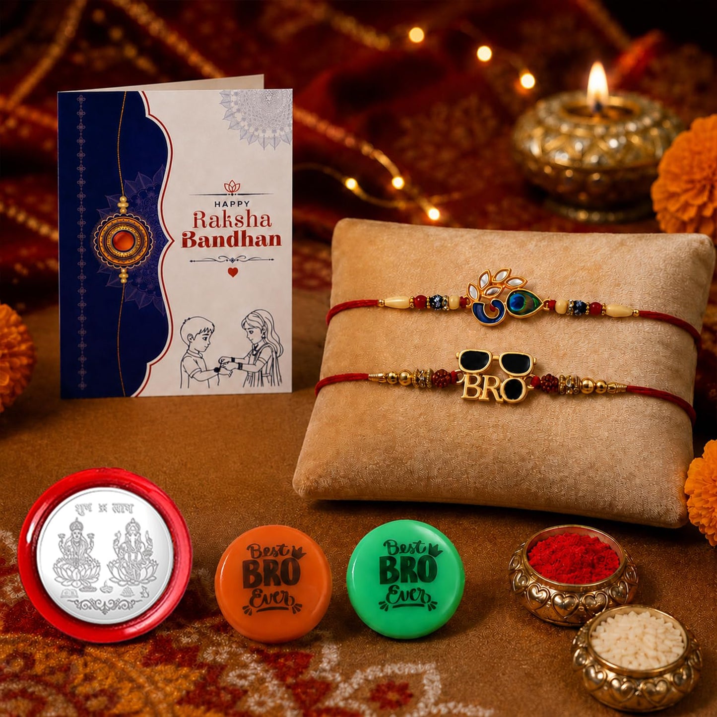 Rakhi Set for Brother (Set of 2) – Peahen and BRO Style Rakhi Combo with Roli