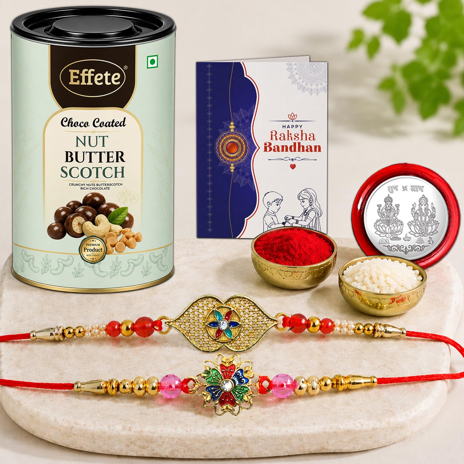 Evil Eye Rakhi for Brother with Butter Scotch 96gm, Roli Tikka & Card | Pack of 6