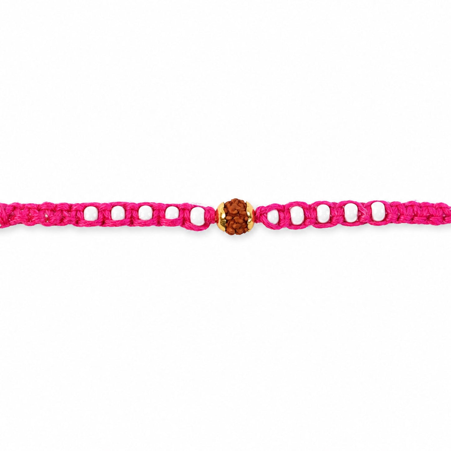 Pink-White Braided Rakhi with Natural Rudraksha Bead Pendant