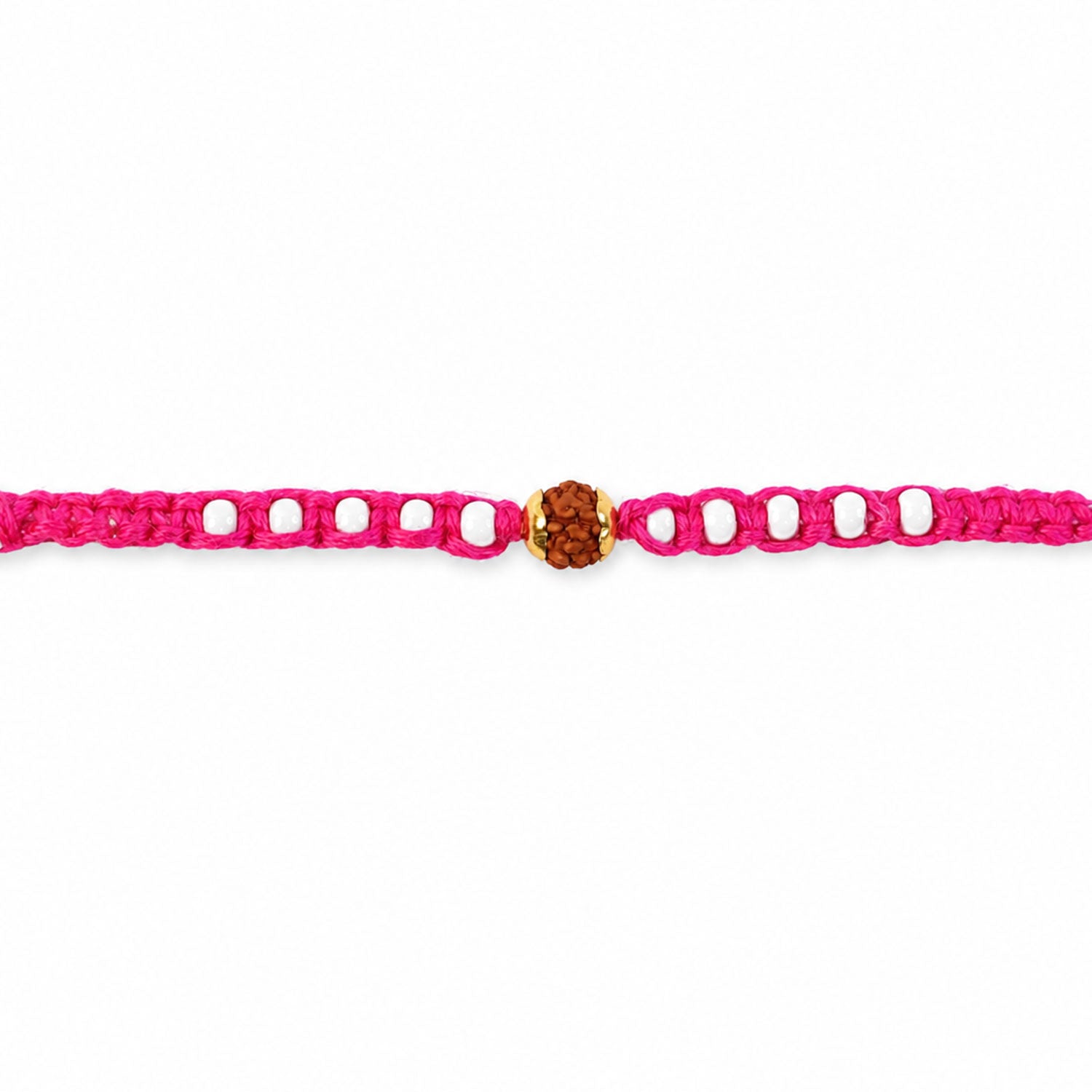 Pink-White Braided Rakhi with Natural Rudraksha Bead Pendant