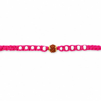 Pink-White Braided Rakhi with Natural Rudraksha Bead Pendant
