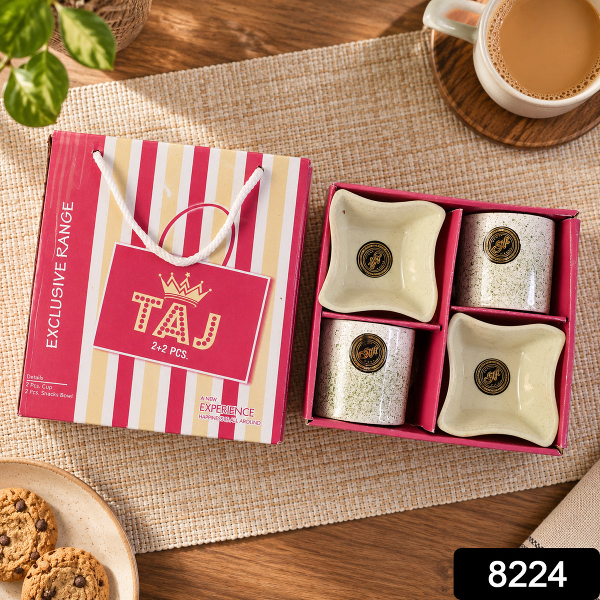 Ceramic Tea Cup Set – 4 Pcs with Snack Bowls | NG