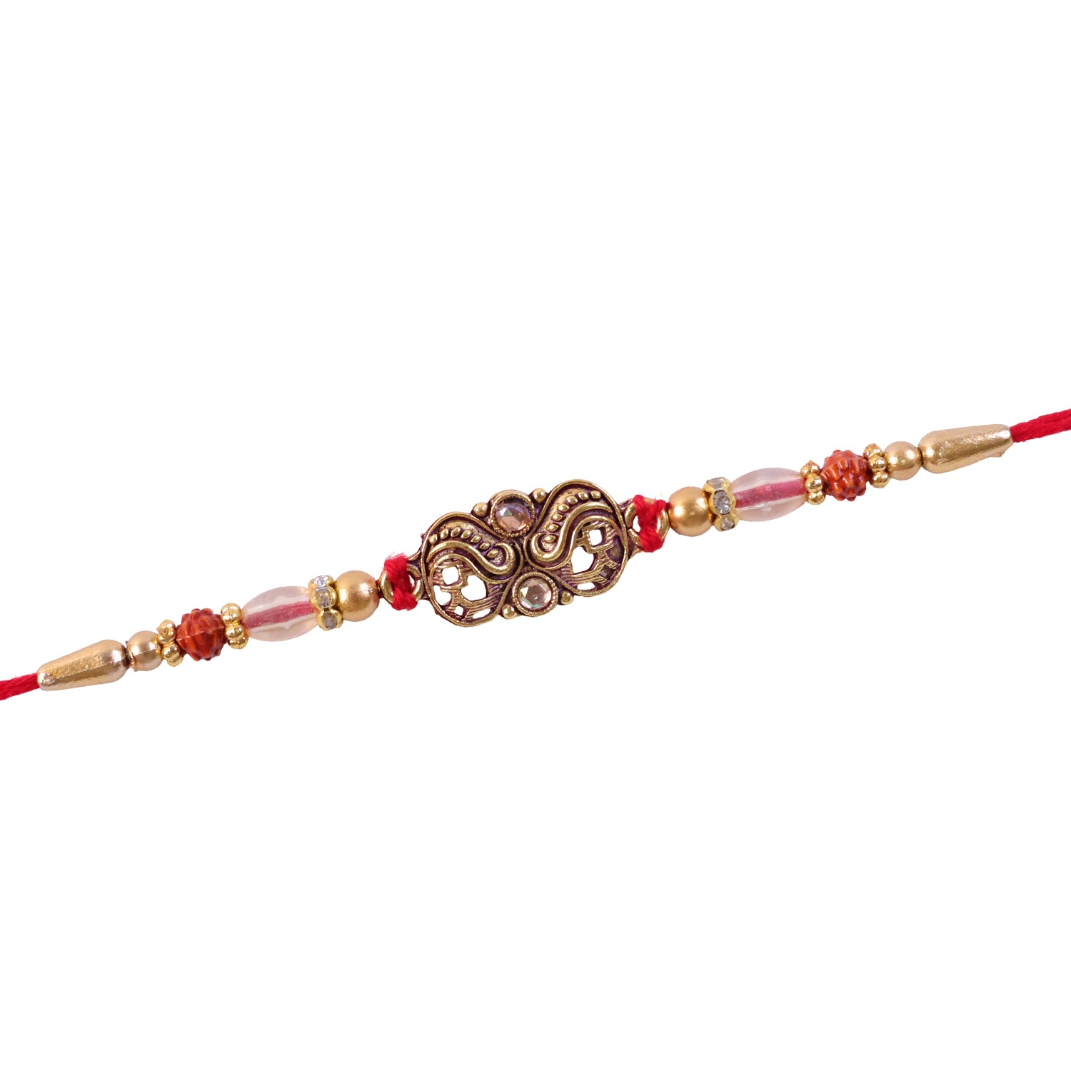 Oxidized Gold Paisley Medallion Rakhi with Rudraksha and Pearl Beads