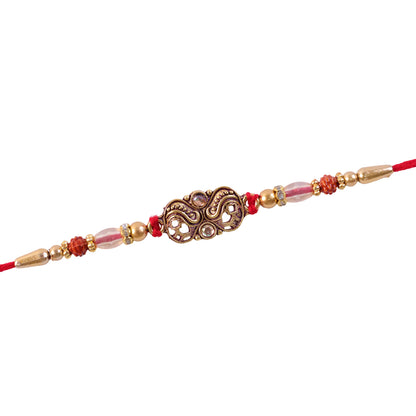 Oxidized Gold Paisley Medallion Rakhi with Rudraksha and Pearl Beads