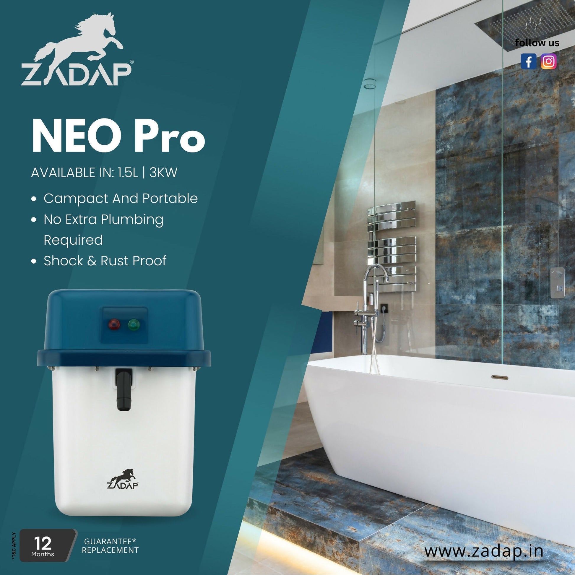 ZADAP Portable 3kW Instant Water Heater - Fast & Safe