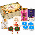 Diwali Gift Hamper with Rose Almonds & Blueberry Choco Almonds, Ganesha Idol, Tealights & Decor