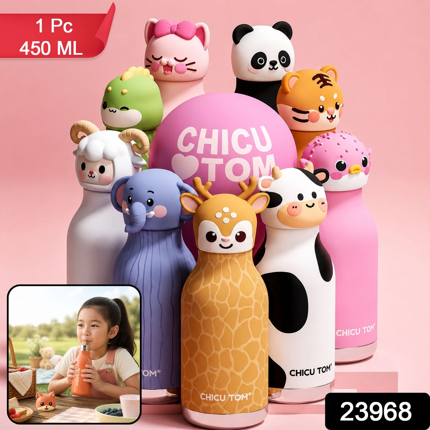 Kids Stainless Steel Vacuum Water Bottle with Straw (1 Pc 450ML, Mix Design)