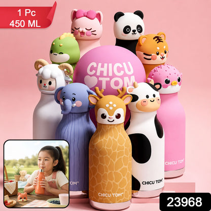 Kids Stainless Steel Vacuum Water Bottle with Straw (1 Pc 450ML, Mix Design)
