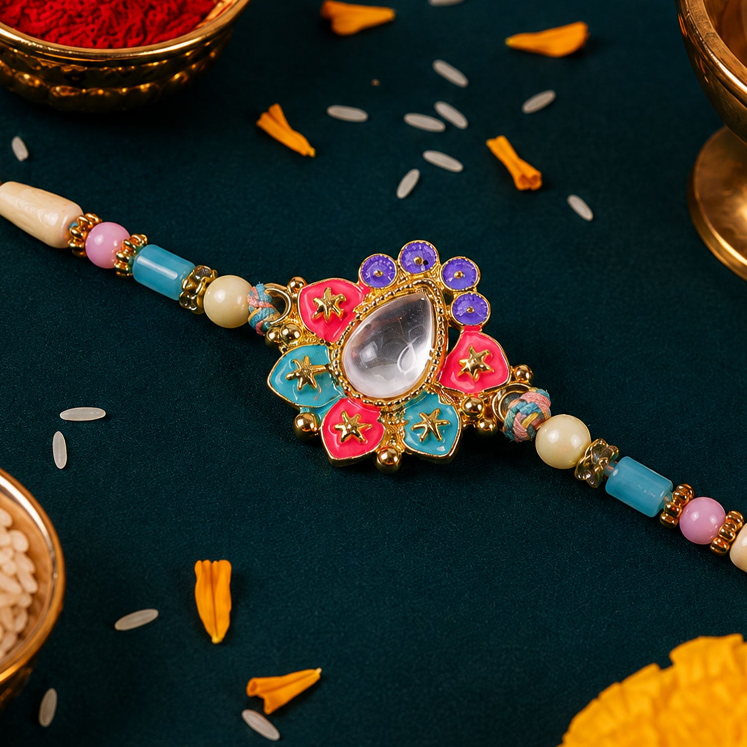 Multicolor Floral Kundan Pendant Rakhi with Pastel Beads