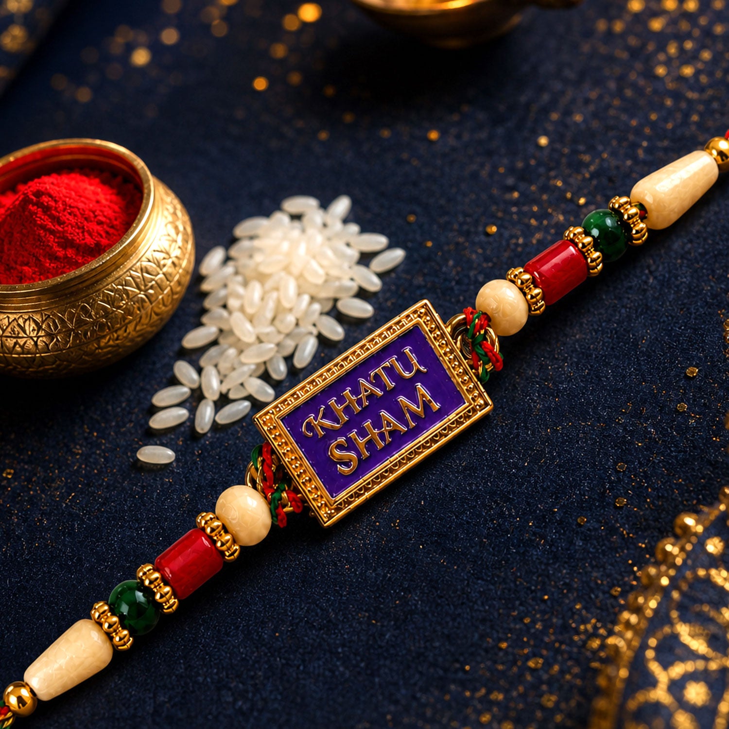 Khatu Shyam Text Pendant Rakhi with Multicolor Beads