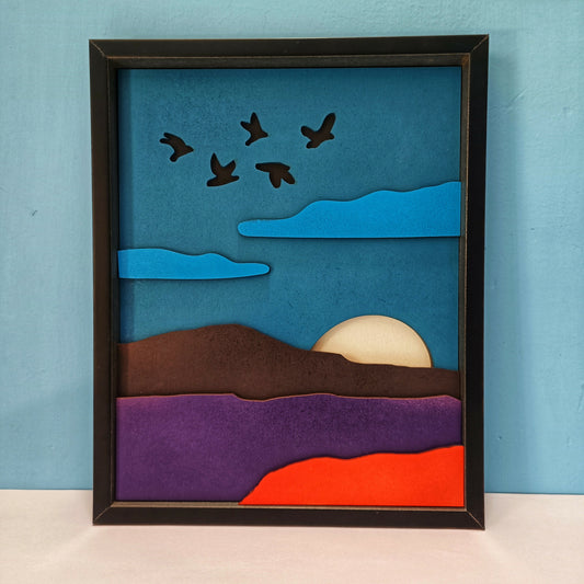 Handcrafted Wooden Mountain Wall Art – Nature Scene with Sun, Clouds & Birds | Minimal Landscape Wooden Frame | Eco-Friendly Wall Decor for Home & Office