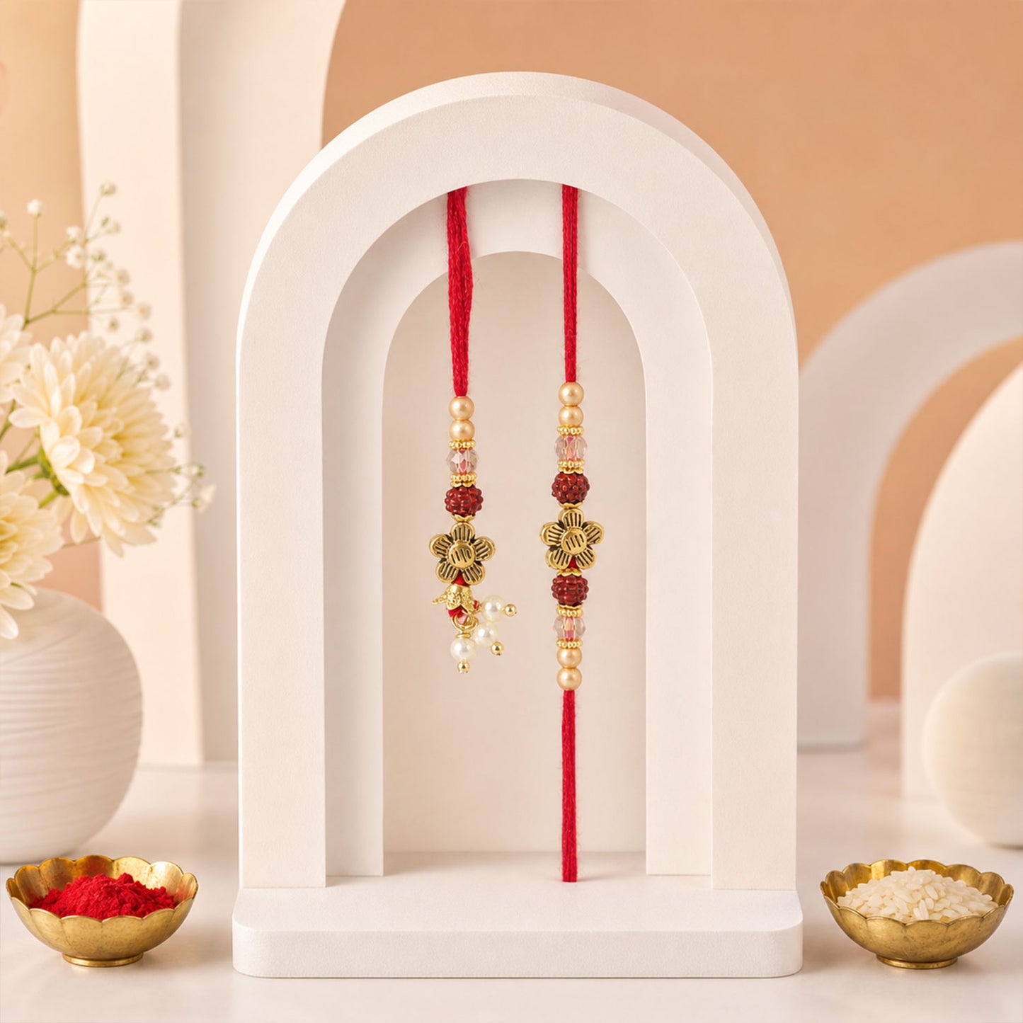 Classic Floral Motif Design Bhai Bhabhi Rakhi with Floral Rakhi and Tassel for Gift