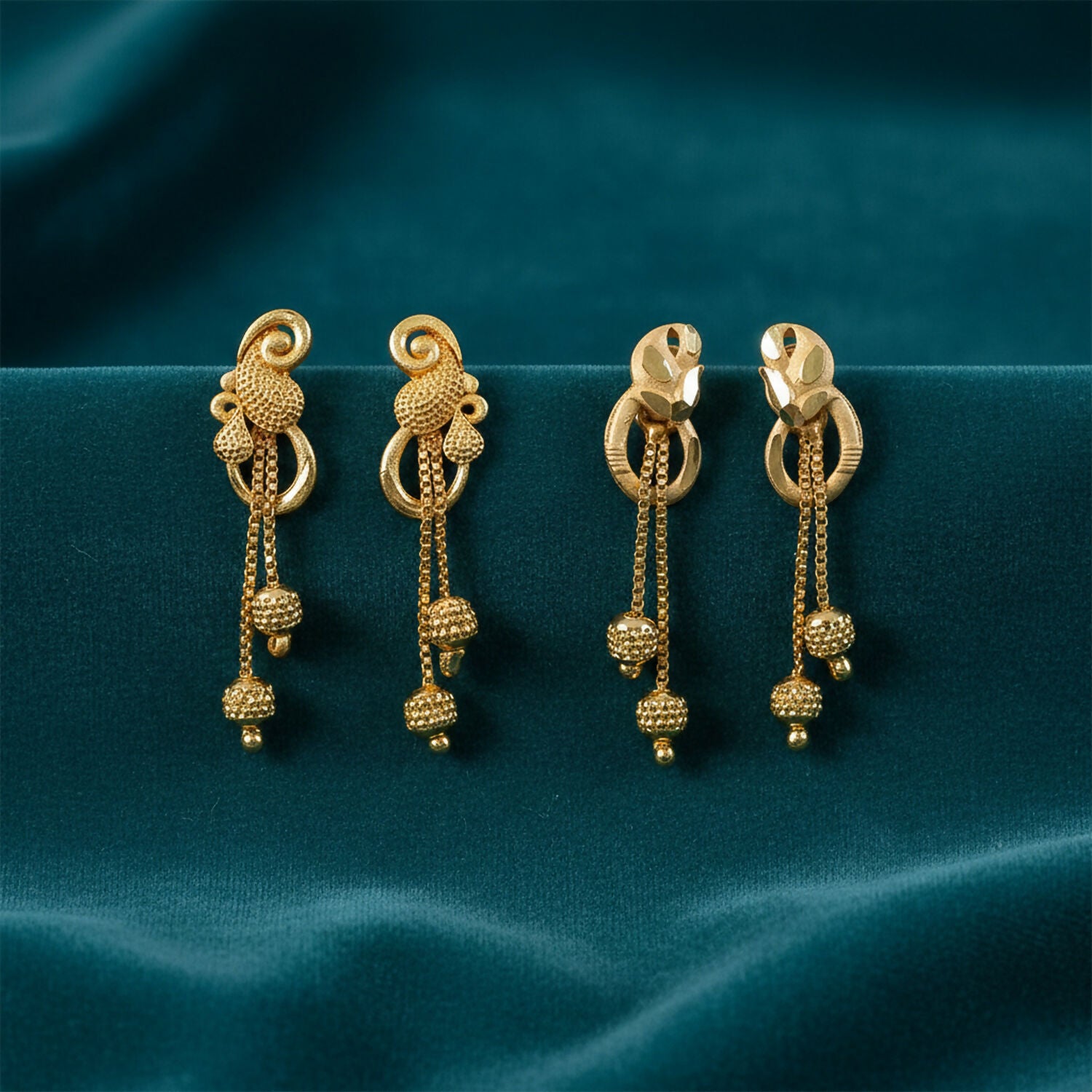 Chic Gold Chain Drop Earrings with Triple Hanging Beads and Sculpted Top Deign (2 Pair)