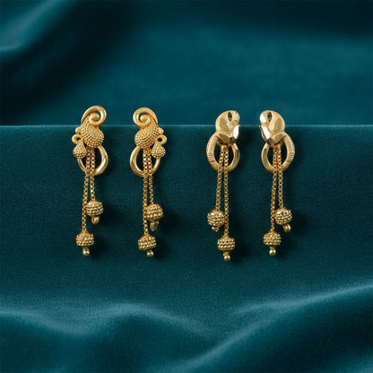 Chic Gold Chain Drop Earrings with Triple Hanging Beads and Sculpted Top Deign (2 Pair)