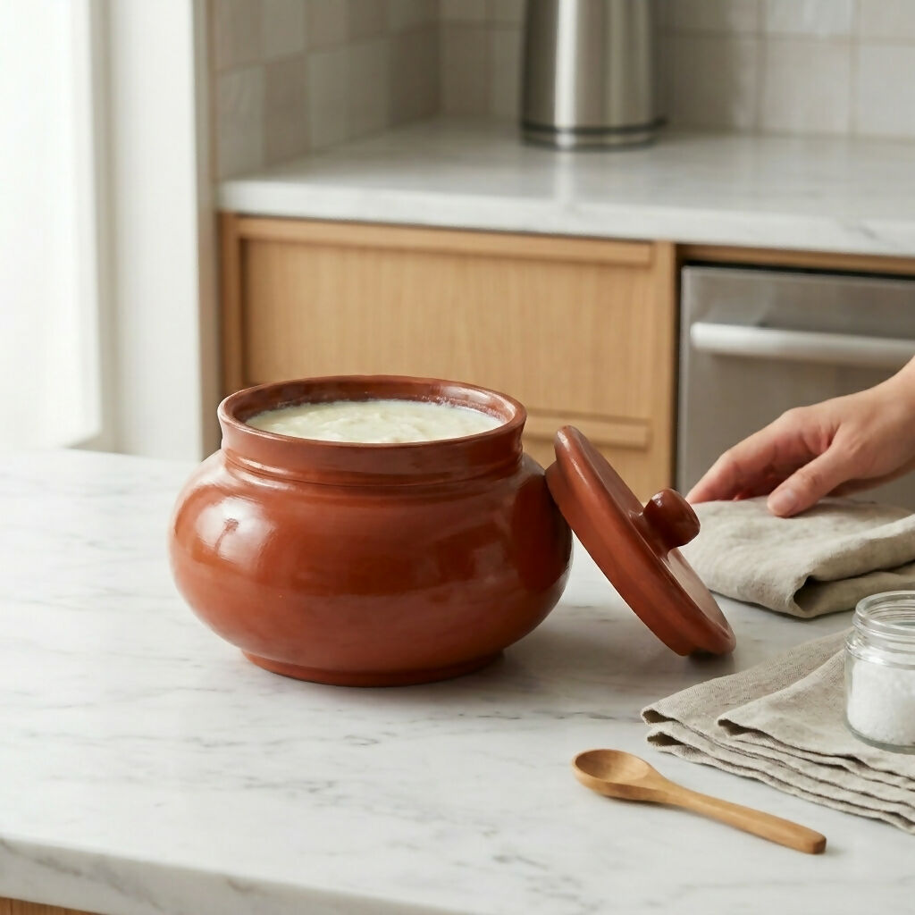 Clay handi pot with lid on kitchen counter
