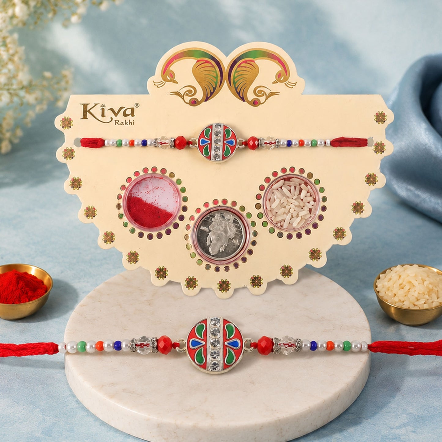 Round Red Green Enamel Rakhi with Multicolor Beads, Roli Chawal Coin and Card Packing