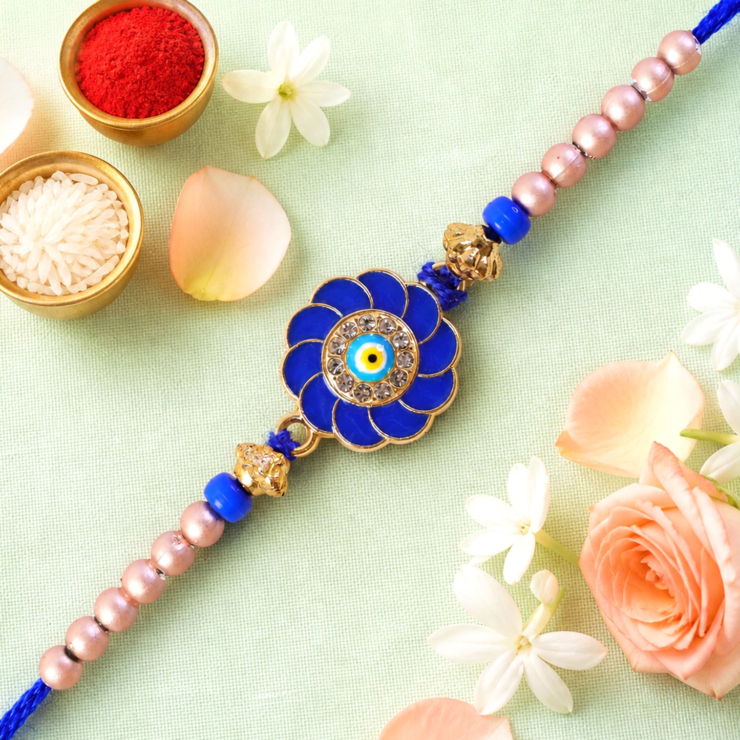 Designer Flower Nazar Evil Eye Crystal Ring Beads Designer Rakhi