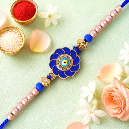 Designer Flower Nazar Evil Eye Crystal Ring Beads Designer Rakhi