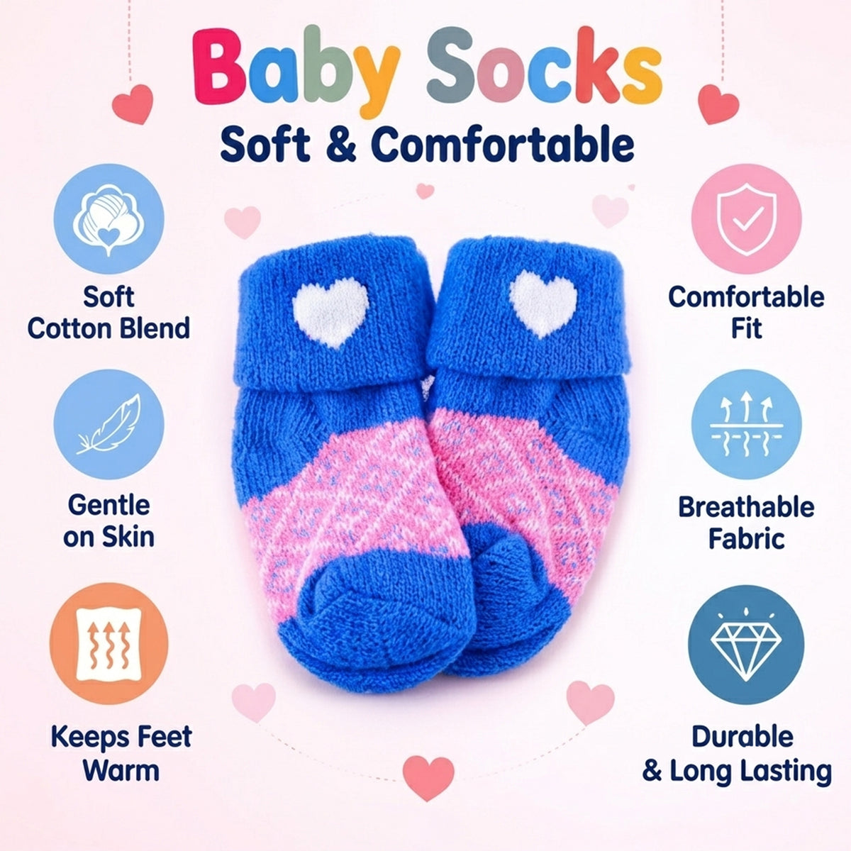 Soft Warm Baby Socks with Heart Design and Folded Cuffs (12 Pairs)