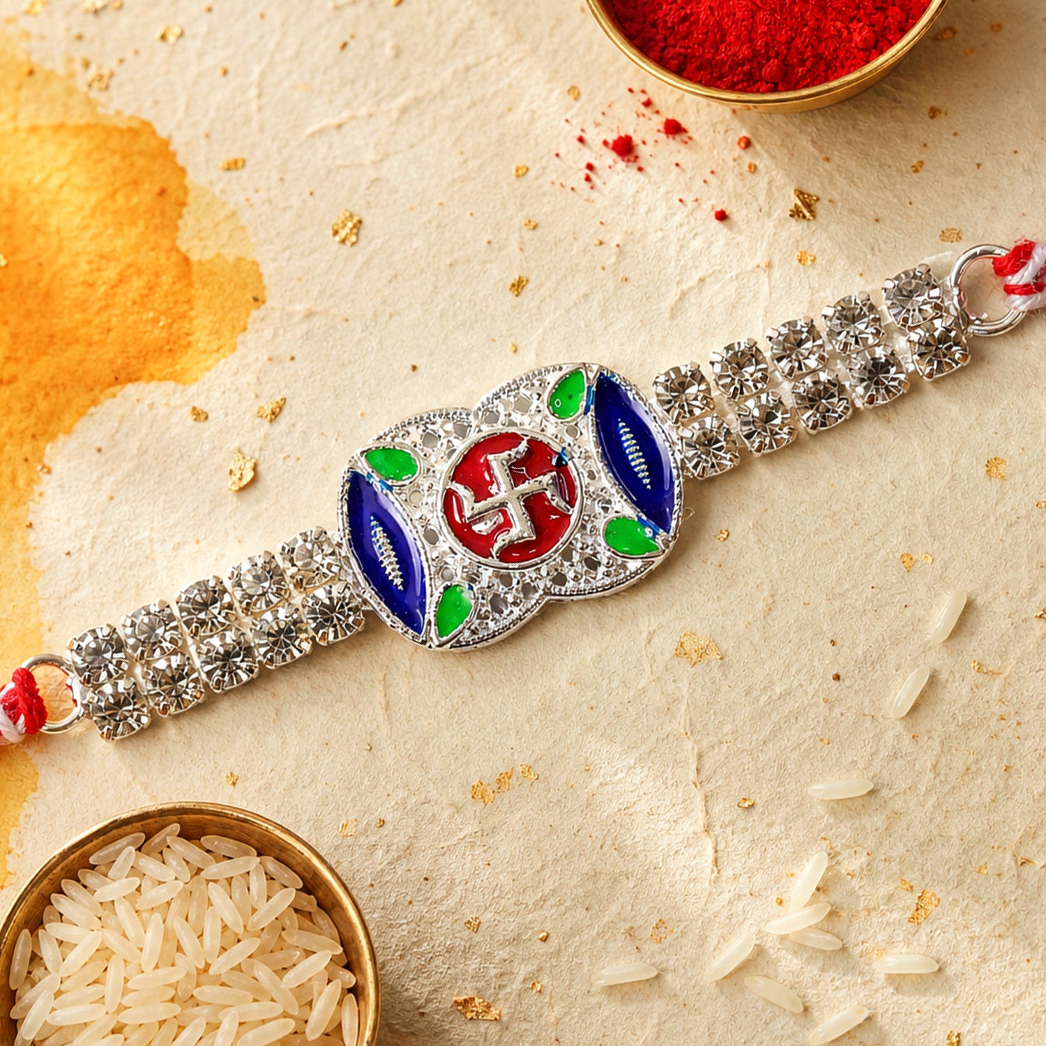 Premium Rakhi showcasing Swastik Charm, gold trims and chain look for Product Display