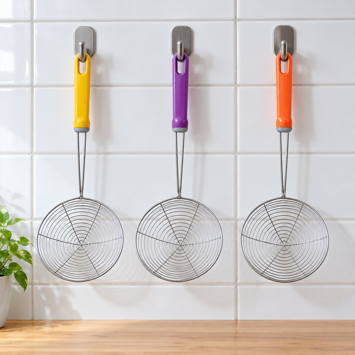 Stainless Steel Frying Strainer Spoons with Long Colour Handles (3 Pc)