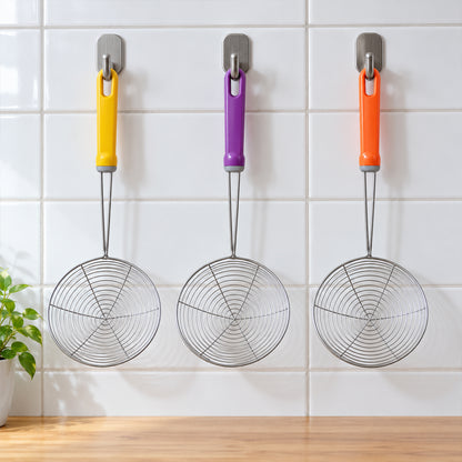 Stainless Steel Frying Strainer Spoons with Long Colour Handles (3 Pc)