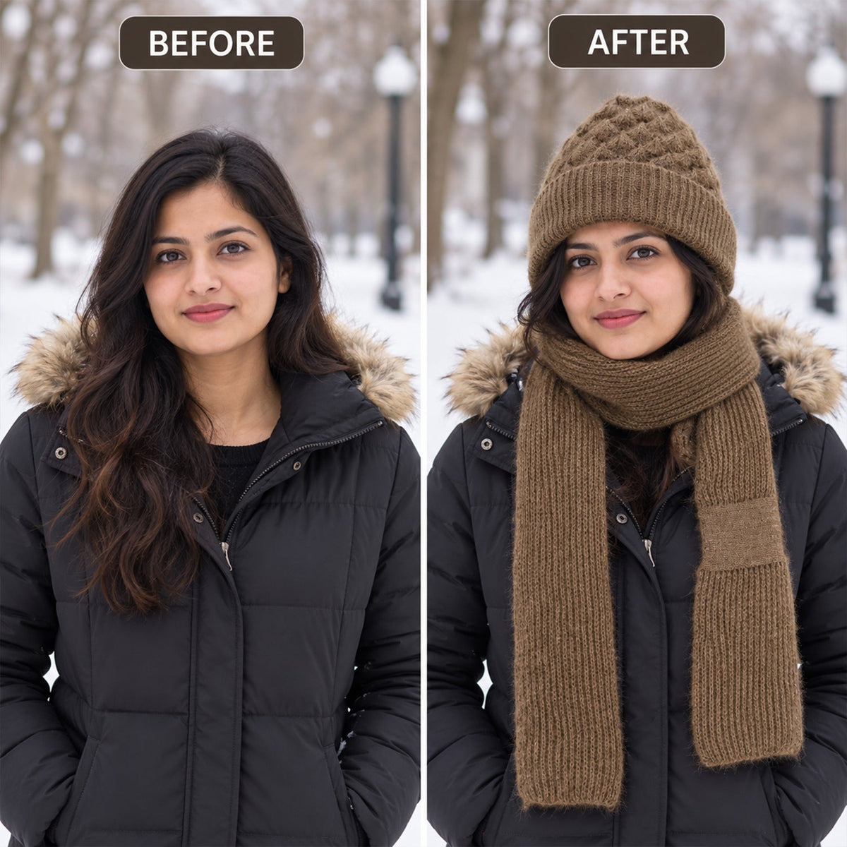 A split image shows a woman before and after wearing a brown knitted cap and attached scarf in winter.