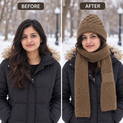 A split image shows a woman before and after wearing a brown knitted cap and attached scarf in winter.