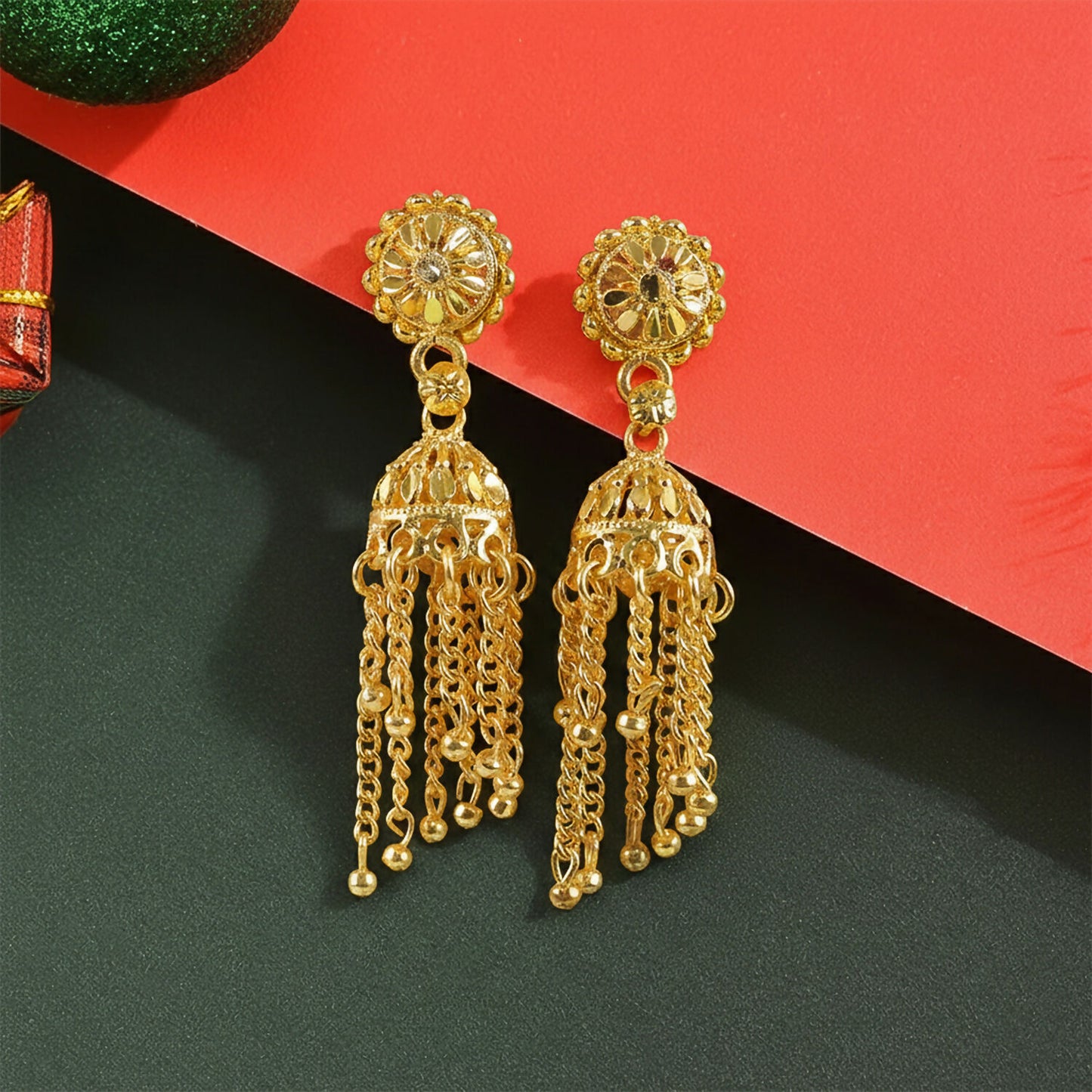 Gold plated long chain jhumka earrings with floral studs ideal for traditional wear