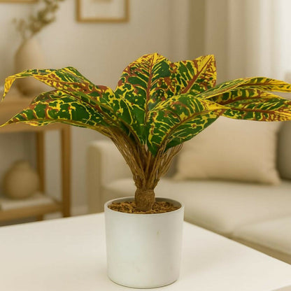Artificial Croton Plant in White Pot – Realistic Colorful Faux Plant with Green, Yellow & Red Leaves – Tabletop Decorative Plant for Living Room, Bedroom, Office, Balcony & Café Décor