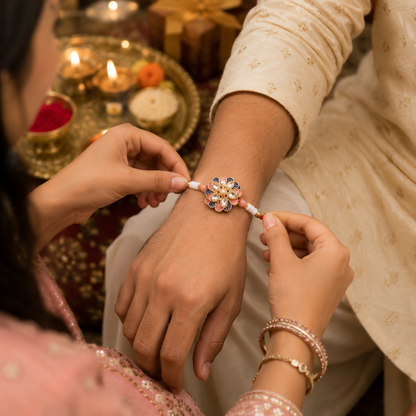 A woman's hands tie a red thread with pink and white beads, gold accents, and a central floral charm with pink, blue, and