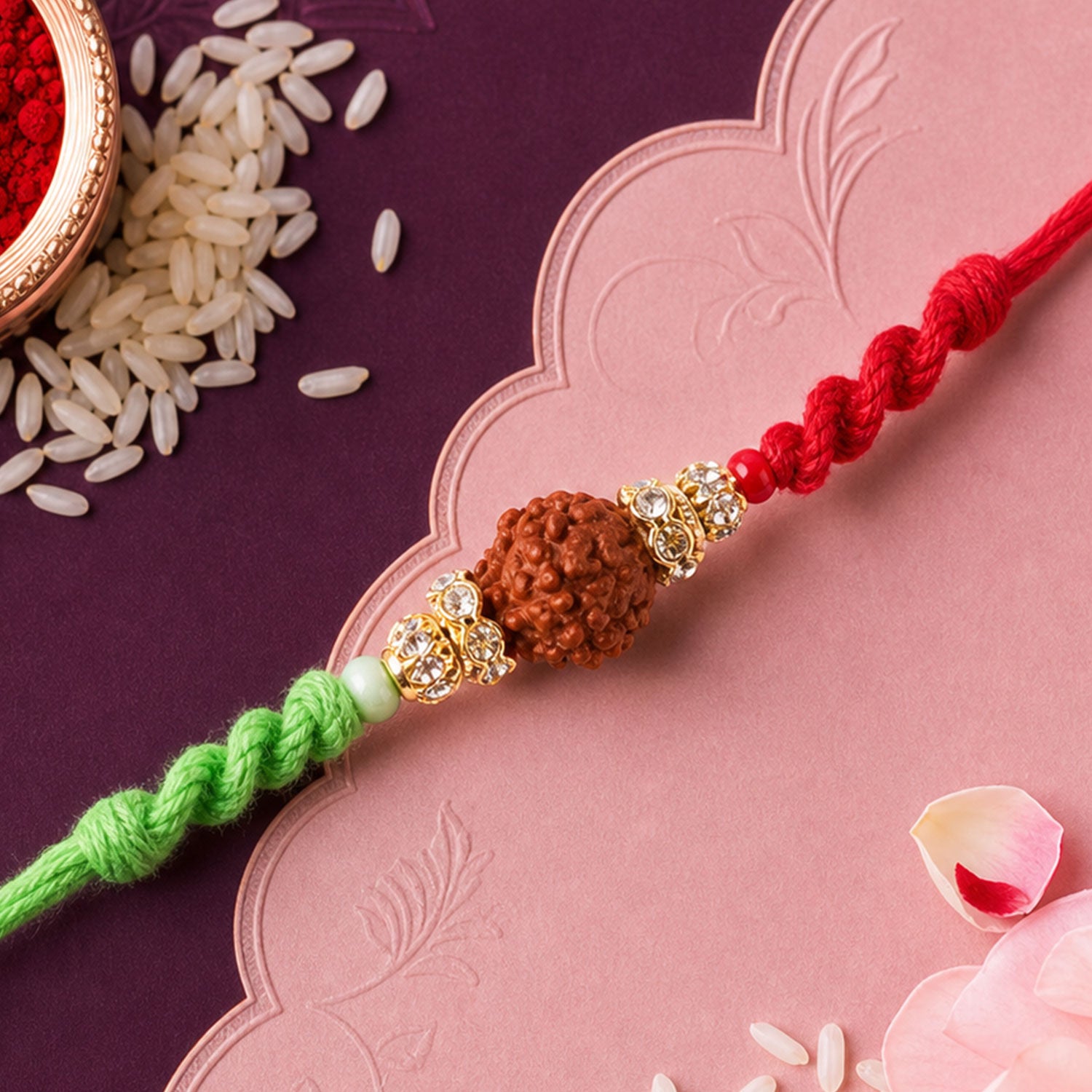 Green Thread Rakhi with Natural Rudraksha Bead and Golden Caps