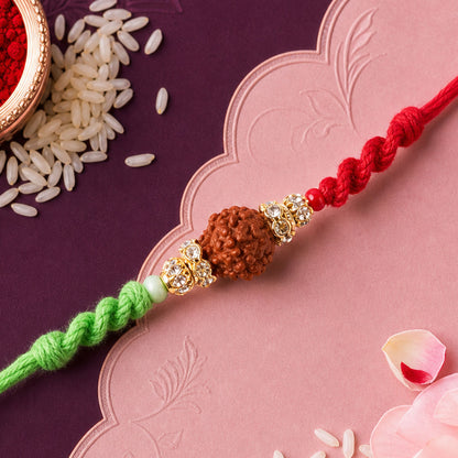 Green Thread Rakhi with Natural Rudraksha Bead and Golden Caps