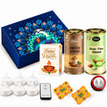Diwali Gift Hamper with Kesar-Pista Almonds & Coffee Almonds, LED Tealights & Shubh-Labh Decor