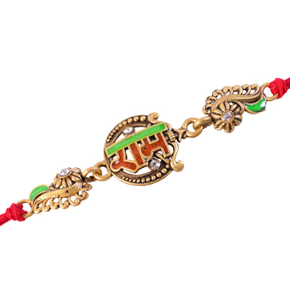 Antique Gold-Toned Ram Rakhi with Crystal Accents, Green Enamel & Designer Red Thread