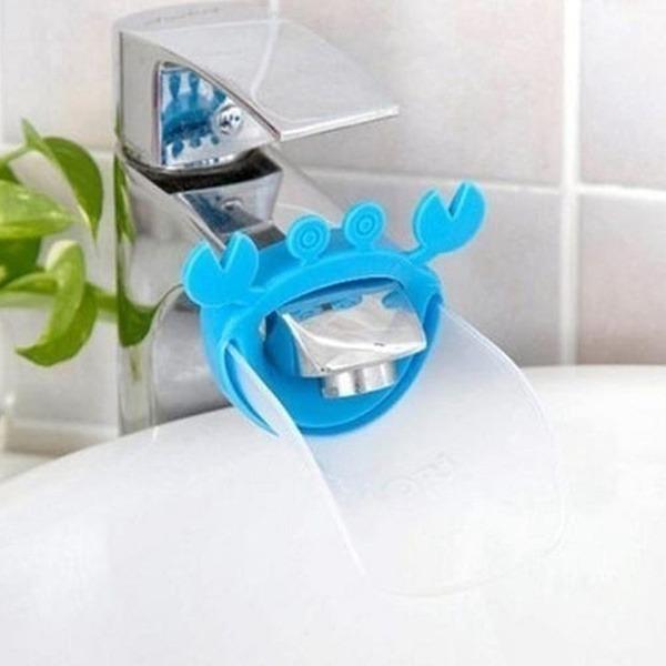 Different angles of a silicone sink handle extender, highlighting its usability for kids.