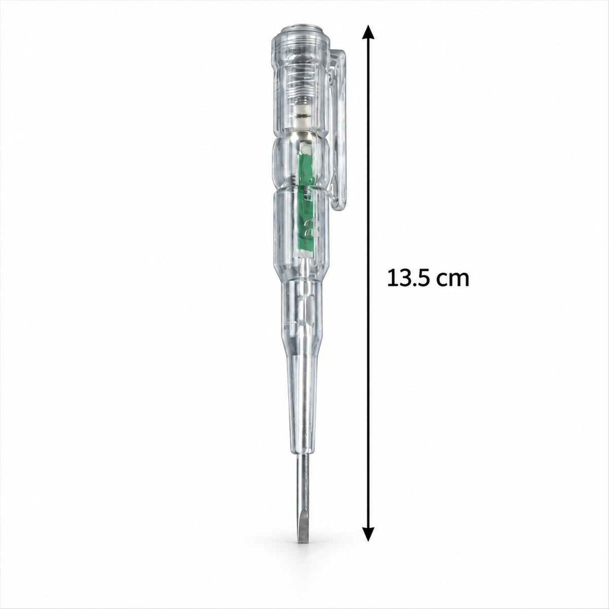 A transparent electrical tester screwdriver with a pocket clip is shown vertically, indicating a length of 13.5 cm.