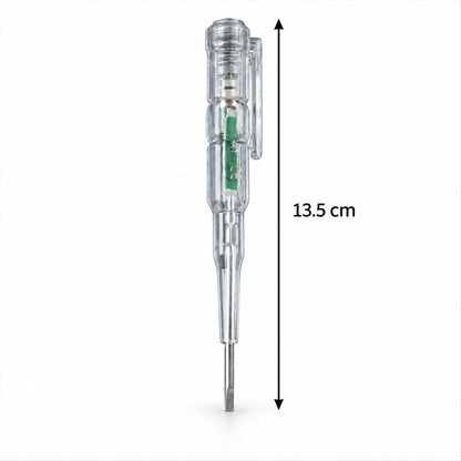 A transparent electrical tester screwdriver with a pocket clip is shown vertically, indicating a length of 13.5 cm.