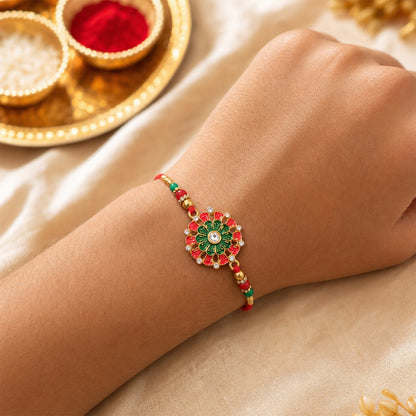 Traditional Rakhi Floral Centerpiece Red Green Beads (5pcs)
