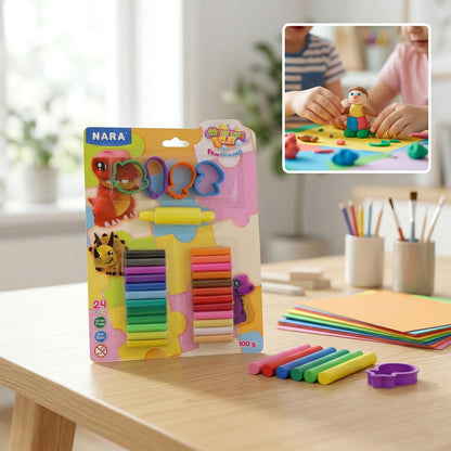 NARA Kids Creative Modelling Clay Set 24 Colors with Moulds & Roller Educational DIY Art & Craft Play Dough Kit (100Gm)