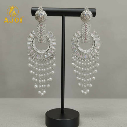 Silver-Tone Pearl Tassel Statement Earrings