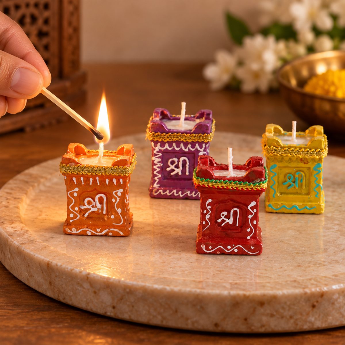 Tulsi-Shaped Decorative Clay Wax Diyas with Painted Details (4 Pc)