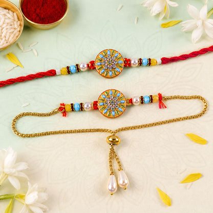 Mandala Floral Beaded Bhai Bhabhi Lumba Rakhi with Pearl Drops